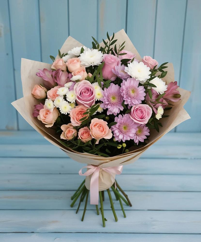Букет цветов из: Хризантемы, Розы и Альстромерии в Миасское