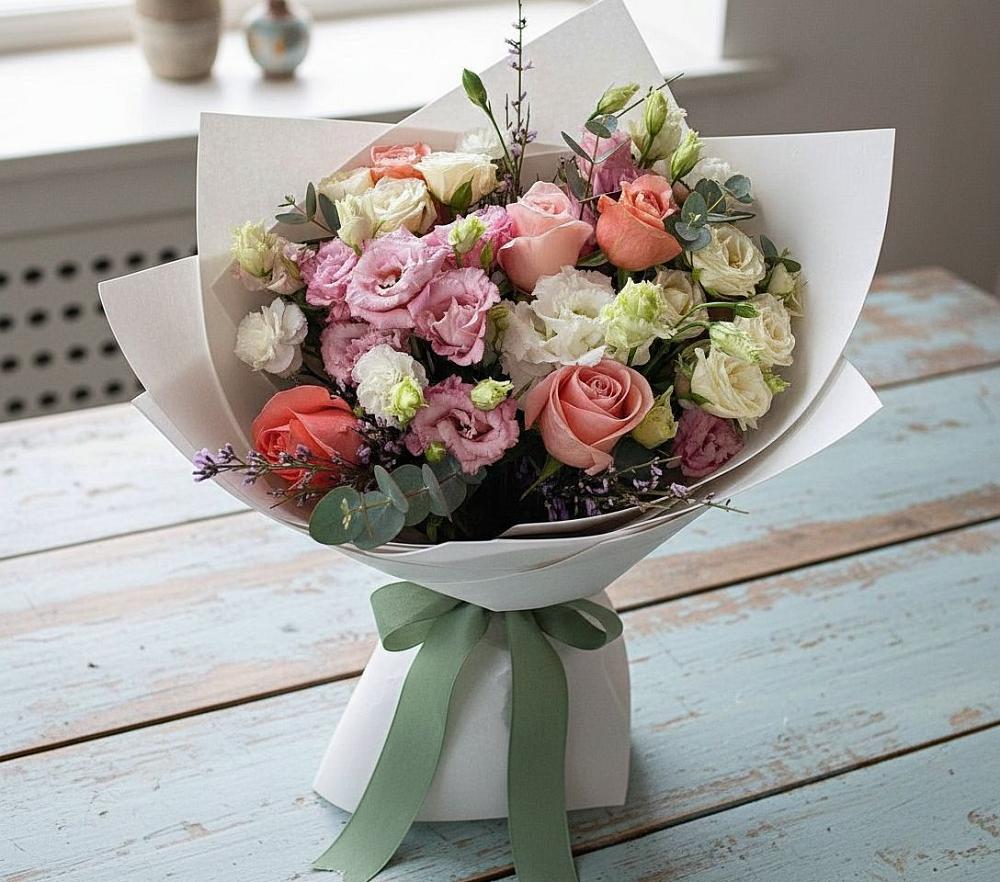 Букет цветов из: Розы, Лизиантусы и Гвоздики в Миасское