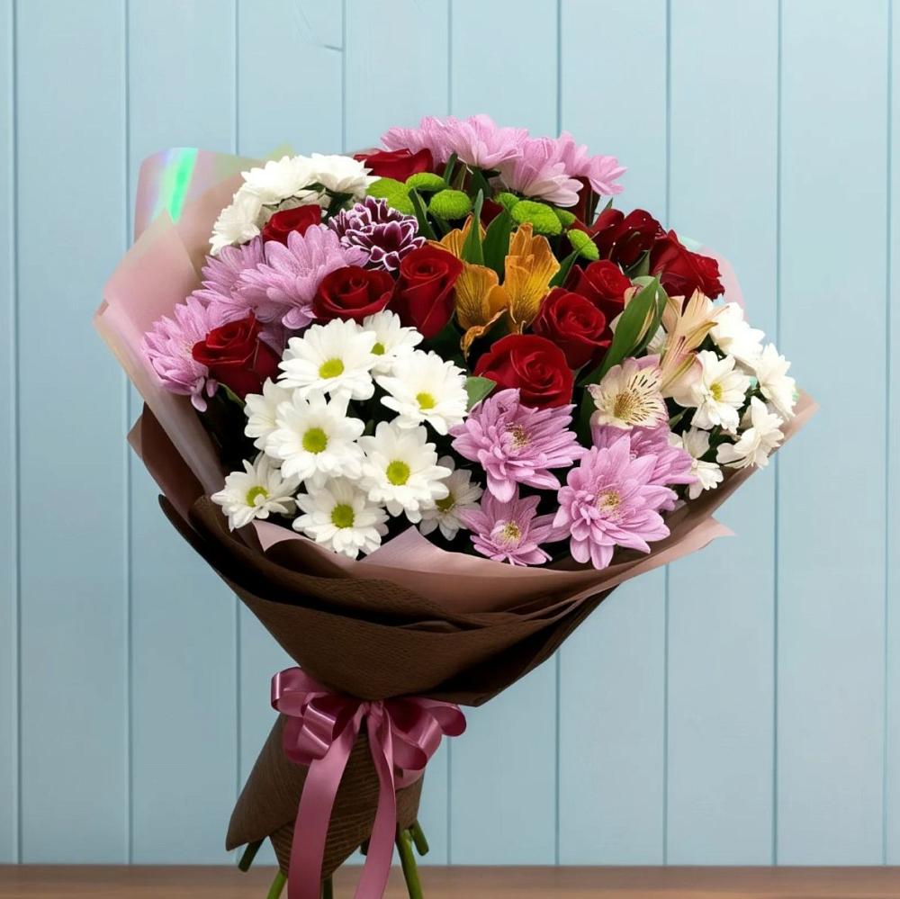 Букет цветов из: Розы, Хризантемы и Альстромерии в Миасское