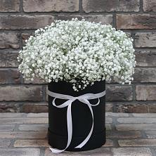Цветочная композиция из Гипсофила в шляпной коробке в Миасское