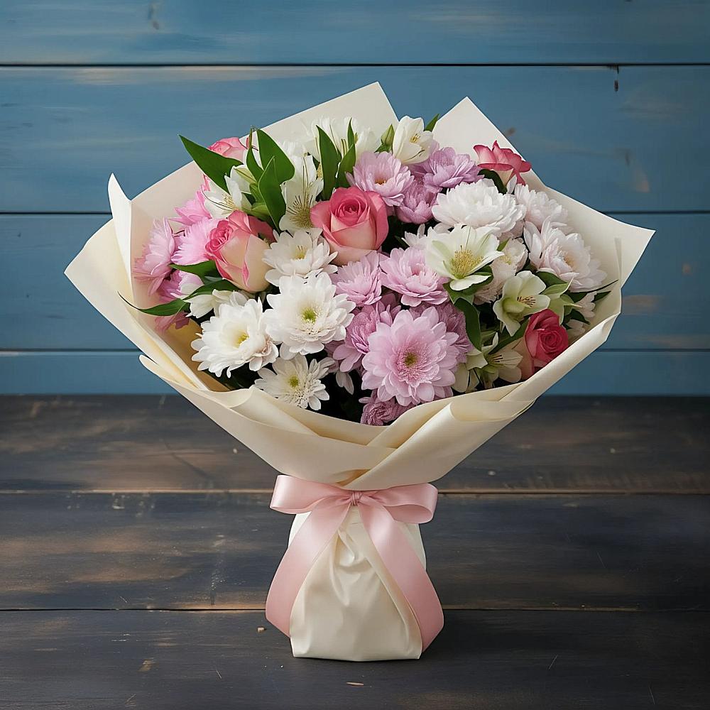 Букет цветов из: Хризантемы, Альстромерии и Розы в Миасское